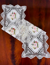 Load image into Gallery viewer, Floris Linens Kyla Crochet Patterned Table Runner with Handmade Flower Embroidery
