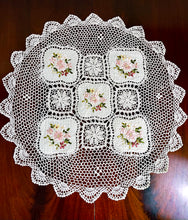 Load image into Gallery viewer, Floris Linens Kyla Crochet Patterned Table Topper with Handmade Flower Embroidery
