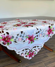 Load image into Gallery viewer, Floris Linens Maya Lily Embroidered Table Topper with Intricate Cutwork Embroidery
