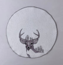 Load image into Gallery viewer, Floris Linens Set of 2 Natasha Embroidered Deer Doilies, Silver Threaded
