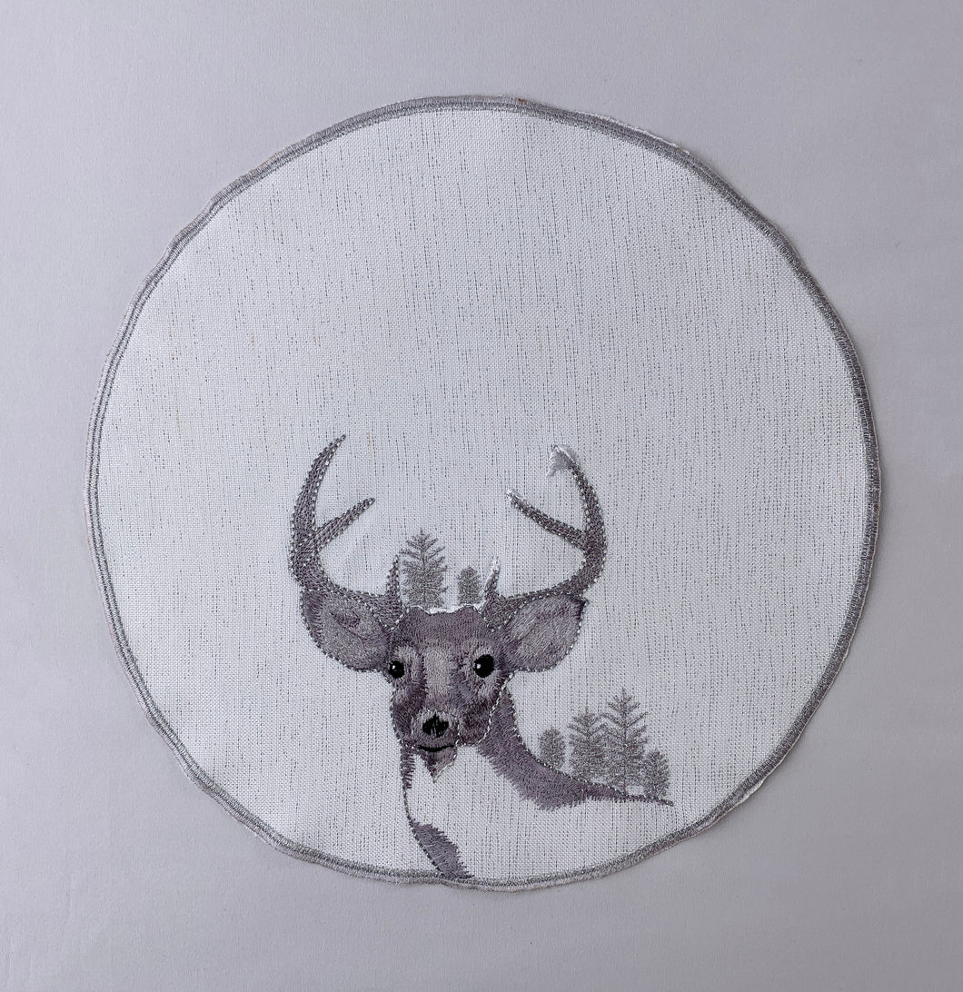 Floris Linens Set of 2 Natasha Embroidered Deer Doilies, Silver Threaded