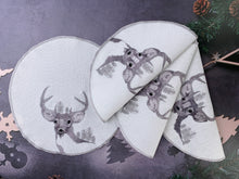 Load image into Gallery viewer, Floris Linens Set of 2 Natasha Embroidered Deer Doilies, Silver Threaded
