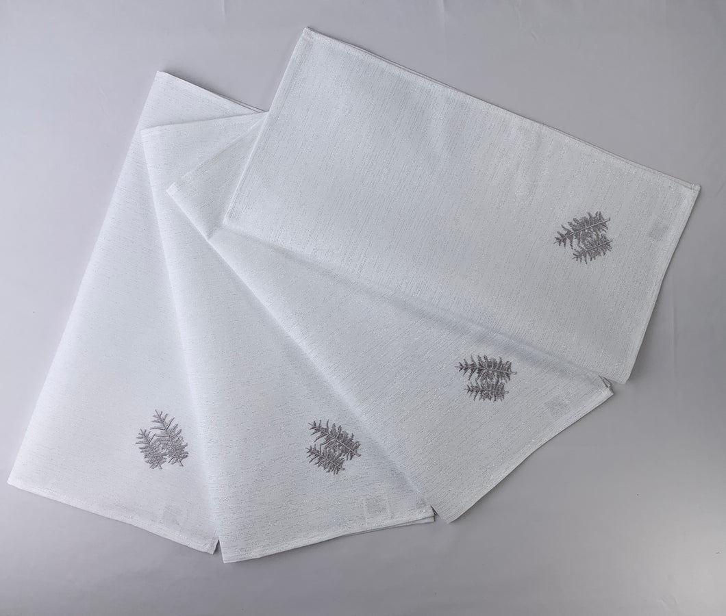 Floris Linens Natasha Cloth Table Napkins (Set of 4), Gray, Snowy Tree Embroidery, Silver Threaded