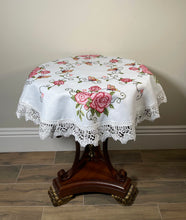 Load image into Gallery viewer, Floris Linens Ruby Laced Table Topper with Rose and Butterfly Cross Stitch Embroidery
