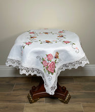 Load image into Gallery viewer, Floris Linens Ruby Laced Table Topper with Rose and Butterfly Cross Stitch Embroidery
