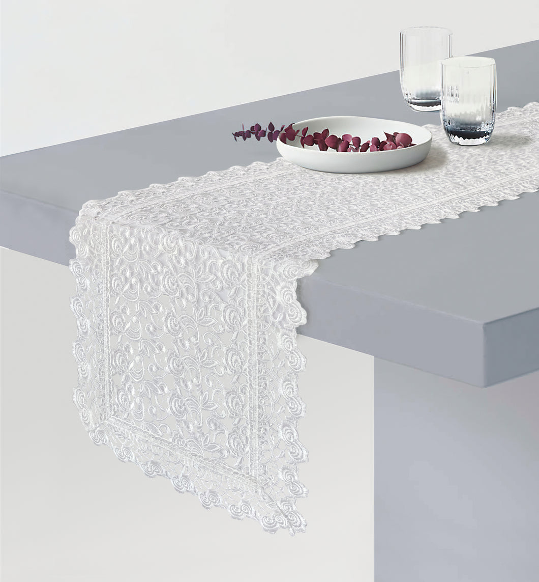Floris Linens Carissa Luxurious White Lace Table Runner with European Pattern, Home Décor