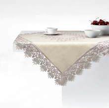 Load image into Gallery viewer, Floris Linens Susan Victorian Embroidery Table Topper with Classic Lilac Lace on Ivory Fabric

