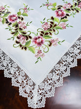 Load image into Gallery viewer, Floris Linens Francis Table Topper with Vintage Style Embroidered Flowers and Lace, 35&quot; x 35&quot; Square or Round
