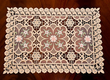 Load image into Gallery viewer, Floris Linens Doris European Lace Pattern Placemat with Pink Floral Embroidery, Beige
