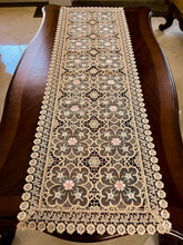 Load image into Gallery viewer, Floris Linens Doris European Lace Pattern Table Runner with Pink Floral Embroidery, Beige
