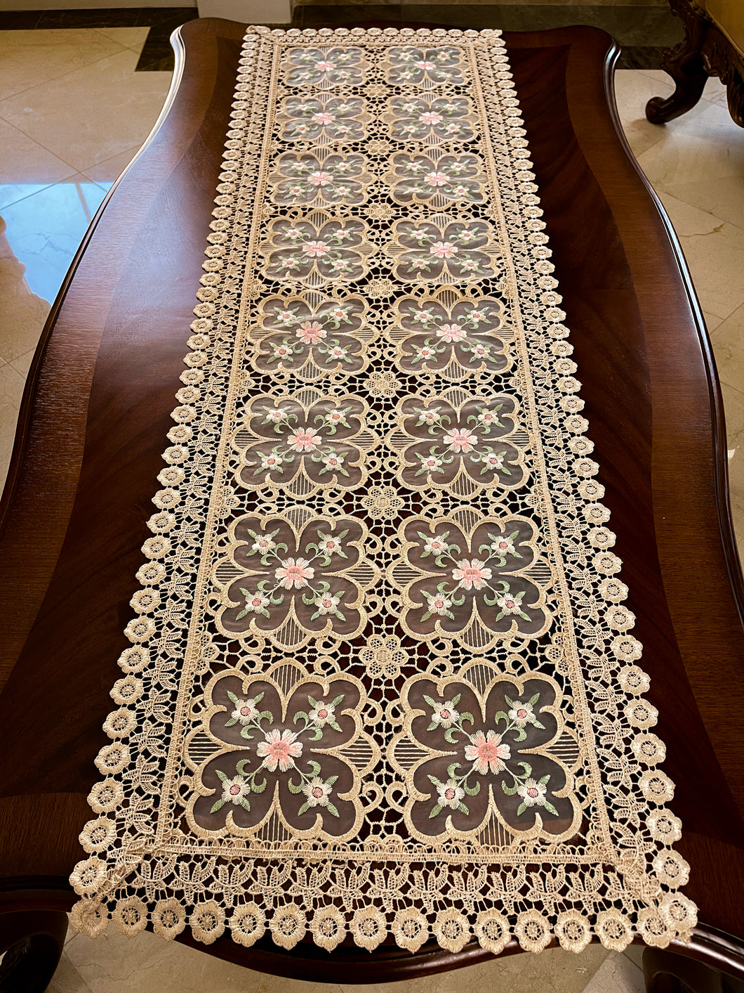Floris Linens Doris European Lace Pattern Table Runner with Pink Floral Embroidery, Beige