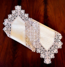 Load image into Gallery viewer, Floris Linens Susan Victorian Embroidery Table Runner with Classic Lilac Lace on Ivory Fabric
