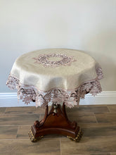 Load image into Gallery viewer, Floris Linens Susan Victorian Embroidery Table Topper with Classic Lilac Lace on Ivory Fabric
