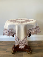 Load image into Gallery viewer, Floris Linens Susan Victorian Embroidery Table Topper with Classic Lilac Lace on Ivory Fabric
