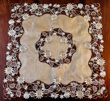 Load image into Gallery viewer, Floris Linens Riva Brown Leaves Embroidered Table Topper on Cutwork Fabric
