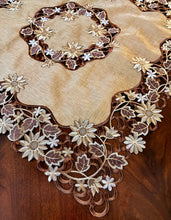Load image into Gallery viewer, Floris Linens Riva Brown Leaves Embroidered Table Topper on Cutwork Fabric
