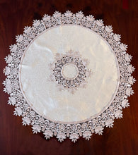 Load image into Gallery viewer, Floris Linens Susan Victorian Embroidery Table Topper with Classic Lilac Lace on Ivory Fabric

