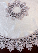 Load image into Gallery viewer, Floris Linens Susan Victorian Embroidery Table Topper with Classic Lilac Lace on Ivory Fabric
