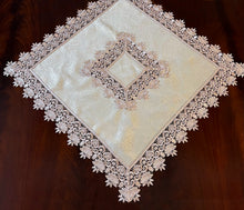 Load image into Gallery viewer, Floris Linens Susan Victorian Embroidery Table Topper with Classic Lilac Lace on Ivory Fabric
