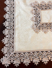 Load image into Gallery viewer, Floris Linens Susan Victorian Embroidery Table Topper with Classic Lilac Lace on Ivory Fabric
