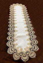 Load image into Gallery viewer, Floris Linens Ellen Victorian Embroidered Table Runner with Classic Golden Lace and High Quality White Fabric
