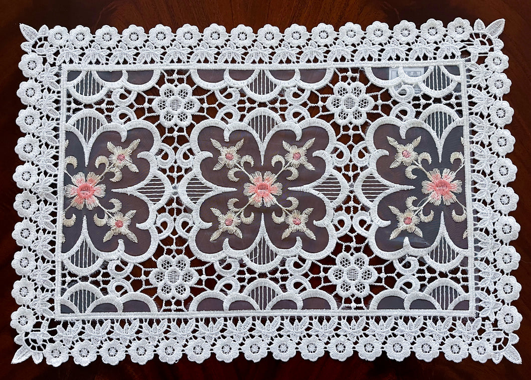 Floris Linens Doris European Lace Pattern Placemat with Pink Floral Embroidery, White