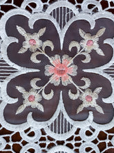 Load image into Gallery viewer, Floris Linens Doris European Lace Pattern Placemat with Pink Floral Embroidery, White

