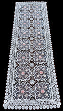 Load image into Gallery viewer, Floris Linens Doris European Lace Pattern Table Runner with Pink Floral Embroidery, White
