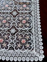Load image into Gallery viewer, Floris Linens Doris European Lace Pattern Table Runner with Pink Floral Embroidery, White
