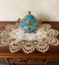 Load image into Gallery viewer, Floris Linens Ellen Victorian Embroidered Placemat with Classic Golden Lace and High Quality White Fabric
