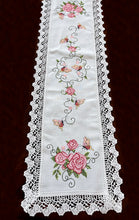 Load image into Gallery viewer, Floris Linens Ruby Laced Table Runner with Rose and Butterfly Cross Stitch Embroidery
