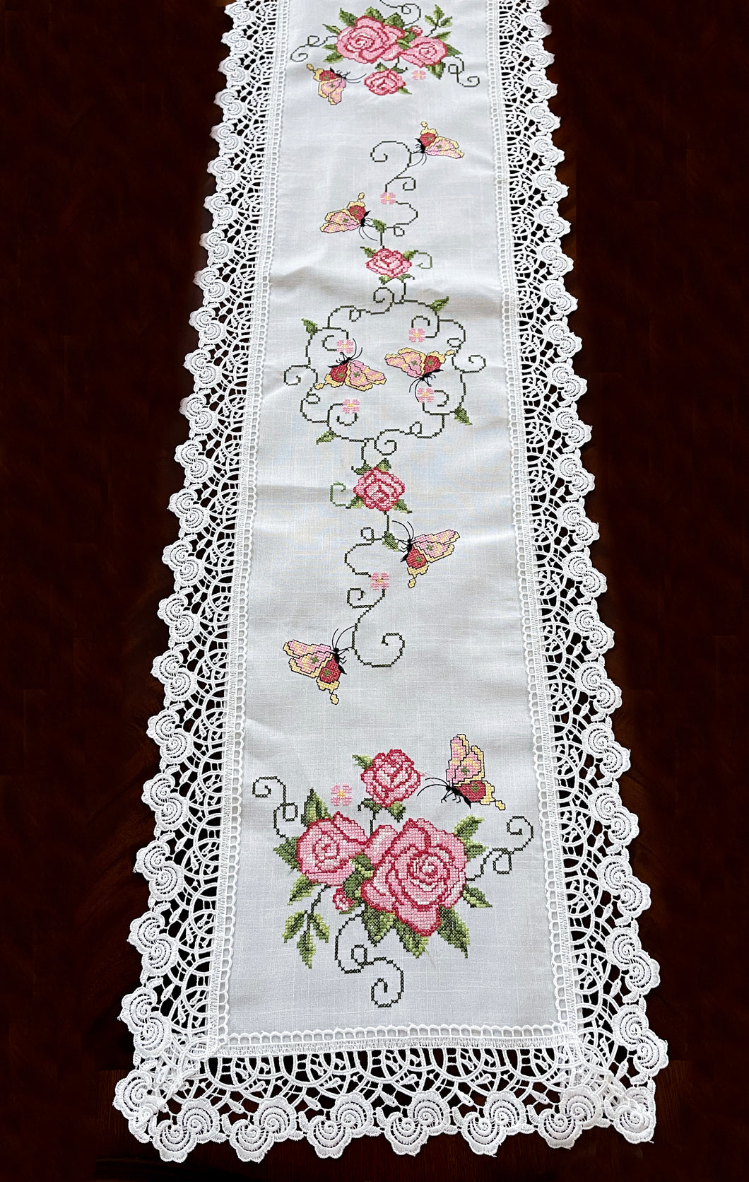 Floris Linens Ruby Laced Table Runner with Rose and Butterfly Cross Stitch Embroidery