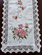 Load image into Gallery viewer, Floris Linens Ruby Laced Table Runner with Rose and Butterfly Cross Stitch Embroidery
