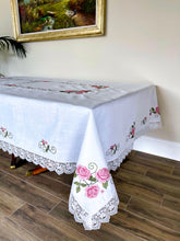 Load image into Gallery viewer, Floris Linens Rasa Embroidered Rose Tablecloth with Intricate Lace Pattern, Cross-Stitched
