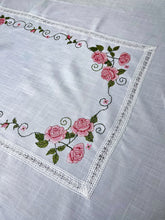 Load image into Gallery viewer, Floris Linens Rasa Embroidered Rose Tablecloth with Intricate Lace Pattern, Cross-Stitched
