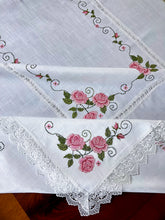Load image into Gallery viewer, Floris Linens Rasa Embroidered Rose Tablecloth with Intricate Lace Pattern, Cross-Stitched
