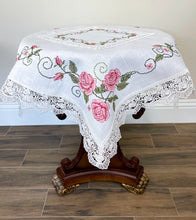 Load image into Gallery viewer, Floris Linens Rasa Embroidered Rose Table Topper with Intricate Lace Pattern, Cross-Stitched

