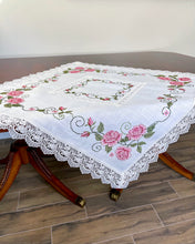 Load image into Gallery viewer, Floris Linens Rasa Embroidered Rose Table Topper with Intricate Lace Pattern, Cross-Stitched
