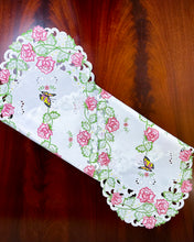 Load image into Gallery viewer, Floris Linens Kaylen Rose Embroidered Cutwork Table Runner with Butterfly Design
