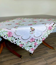 Load image into Gallery viewer, Floris Linens Kaylen Rose Embroidered Cutwork Table Topper with Butterfly Design
