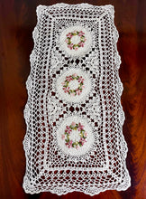 Load image into Gallery viewer, Floris Linens Hailey Crochet Patterned Table Runner with Handmade Flower Embroidery
