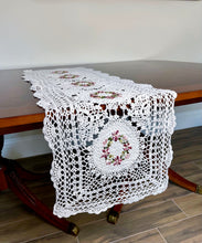 Load image into Gallery viewer, Floris Linens Hailey Crochet Patterned Table Runner with Handmade Flower Embroidery
