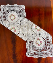 Load image into Gallery viewer, Floris Linens Hailey Crochet Patterned Table Runner with Handmade Flower Embroidery
