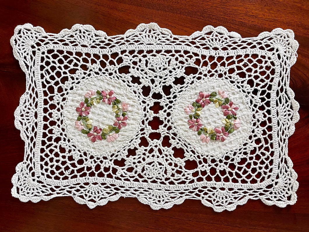 Floris Linens Hailey Crochet Patterned Placemats with Handmade Flower Embroidery