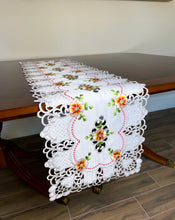 Load image into Gallery viewer, Floris Linens Cutwork Table Runner with Orange Cosmos Flowers Embroidery
