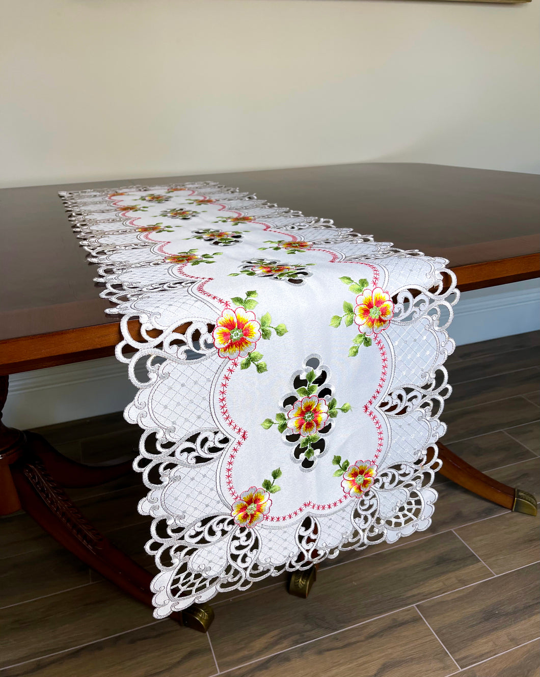 Floris Linens Cutwork Table Runner with Orange Cosmos Flowers Embroidery