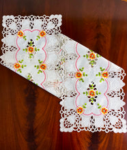Load image into Gallery viewer, Floris Linens Cutwork Table Runner with Orange Cosmos Flowers Embroidery

