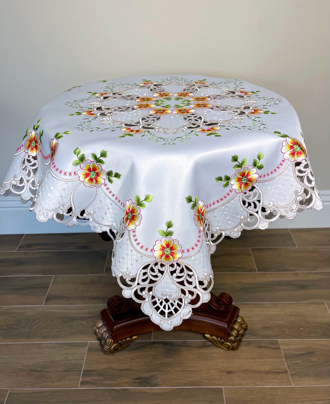 Floris Linens Cutwork Table Topper with Orange Cosmos Flowers Embroidery, 34