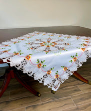 Load image into Gallery viewer, Floris Linens Cutwork Table Topper with Orange Cosmos Flowers Embroidery, 34&quot; x 34&quot; Square, Round
