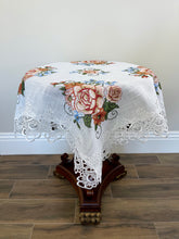 Load image into Gallery viewer, Floris Linens Judith White Lace Table Topper with Vintage Style Cross Stitched Flower Embroidery

